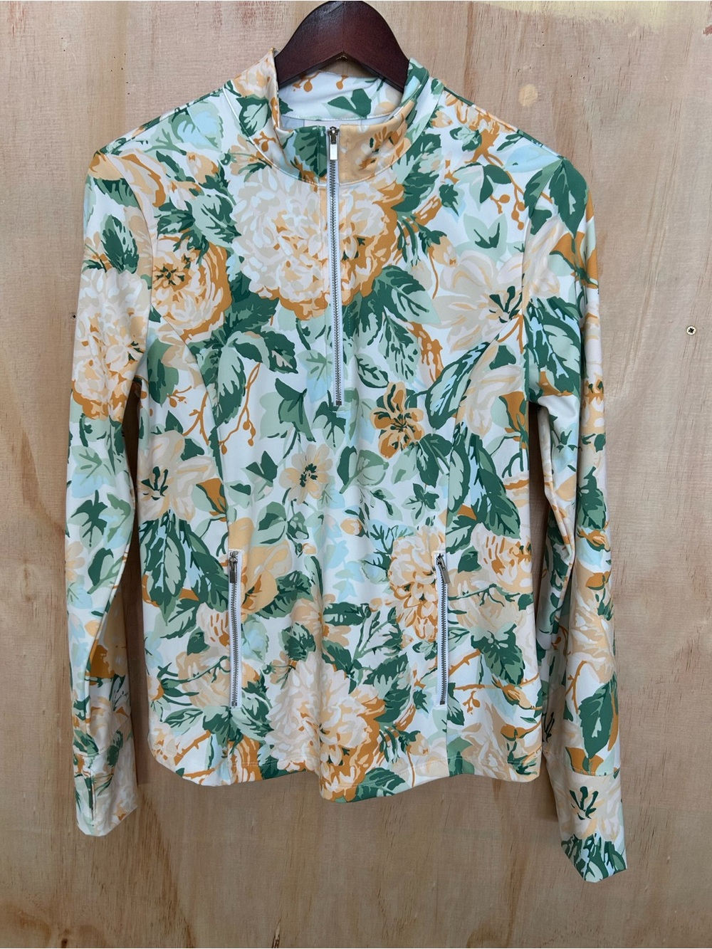 Floral Zip-Front Women’s Top in Green & Cream
